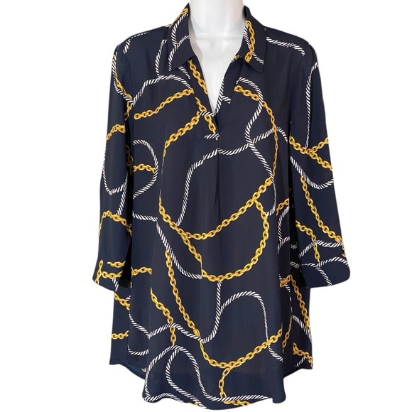Anne Klein Tops - Anne Klein Chain Print Blouse | Women’s Size Small Navy Blue Old Money Mobwife